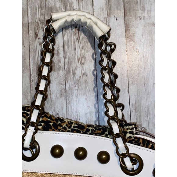 Vintage Betsey Johnson Leather Shoulder Bag Brass Handles Leopard Cheetah - Picture 9 of 15
